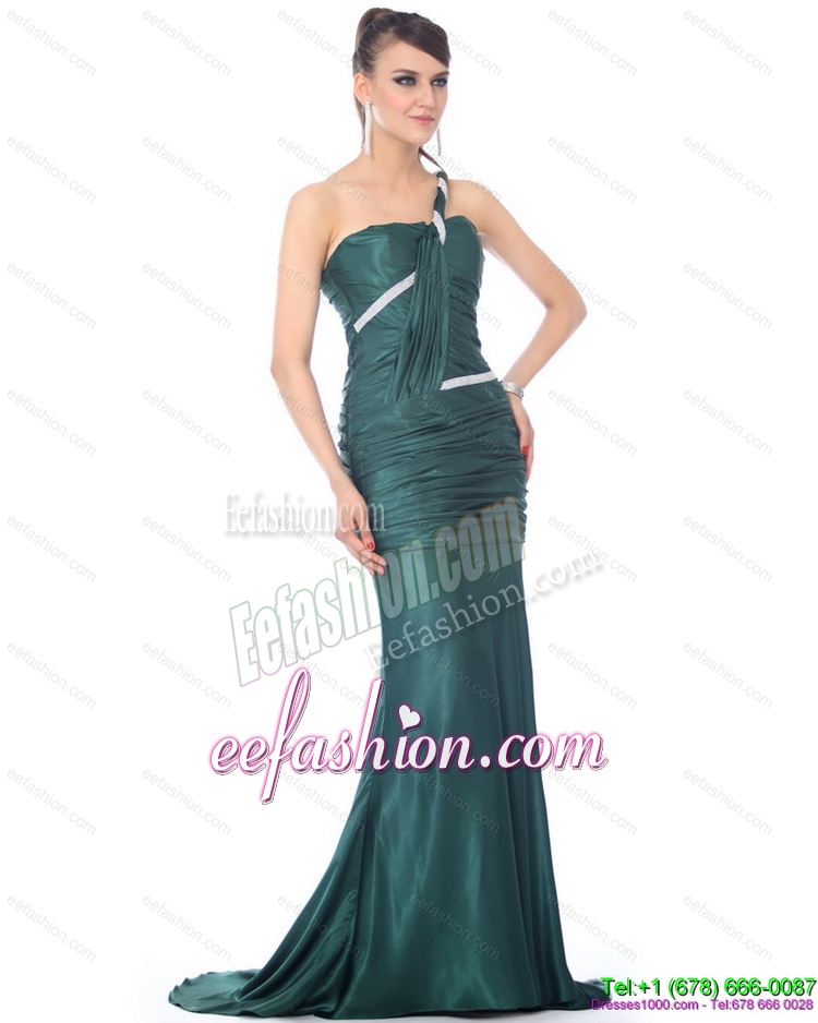 2015 Sexy One Shoulde Prom Dress with Ruching and Brush Train