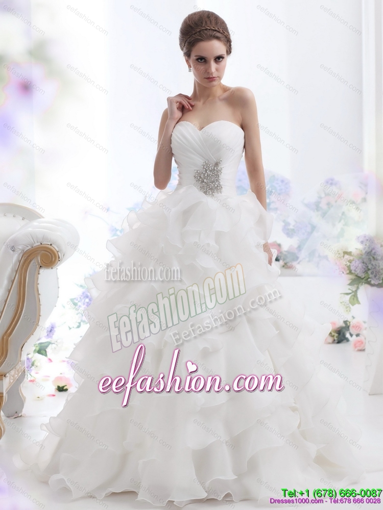 Amazing Pretty Beading and Ruffled Layers Brush Train Wedding Dresses in White