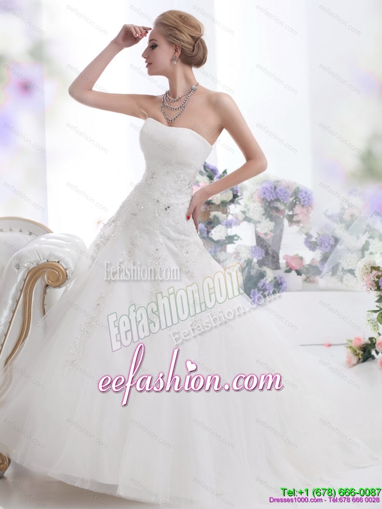 White Beach Strapless Wedding Dresses with Sequins and Brush Train
