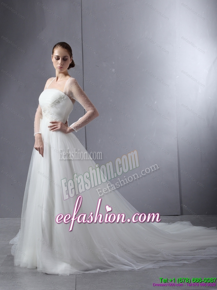 2015 Luxurious Strapless A Line Wedding Dress with Lace and Ruching