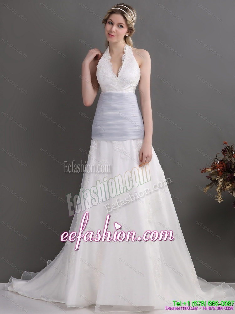 2015 Romantic Halter Top Wedding Dress with Lace and Ruching