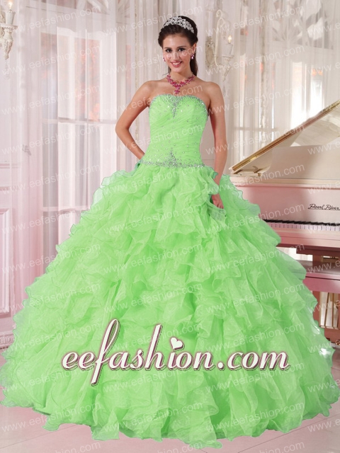 2014 New Spring Green Strapless Ruffles and Beading Modern Modern Quinceanera Dress for Girl