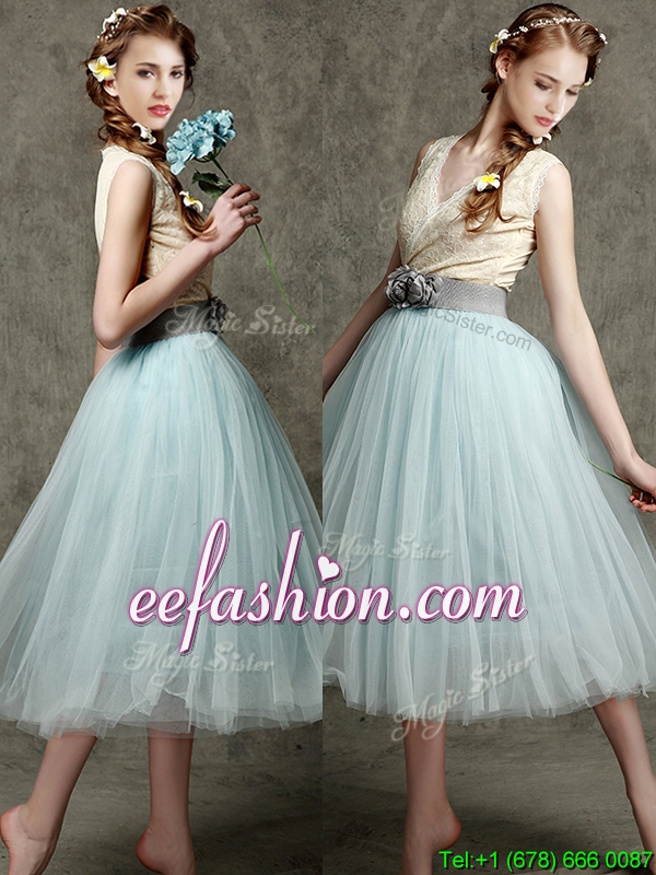 Best Hand Made Flowers and Belted V Neck Prom Dress in Apple Green