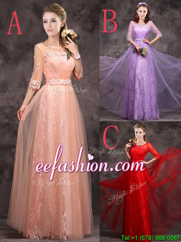 Exclusive See Through Scoop Applique and Laced Prom Dress with Half Sleeves