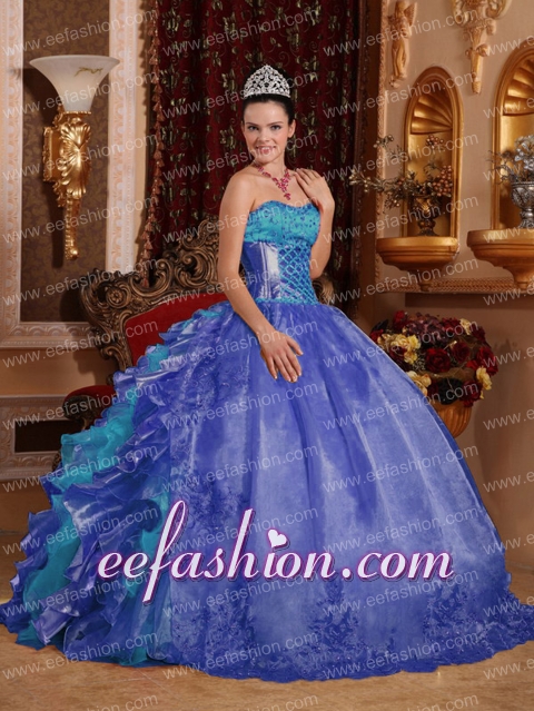 Pretty Cheap Ball Gown Blue Quinceanera Dress with Strapless Organza Embroidery