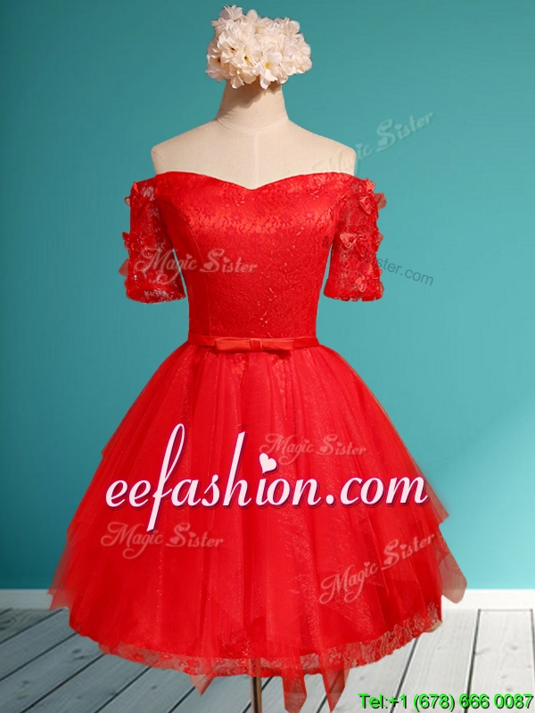 Comfortable Off the Shoulder Short Sleeves Red Prom Dress with Appliques and Belt
