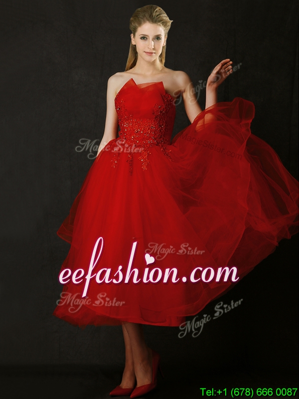 Elegant Tea Length Applique Red Dama Dress with Asymmetrical Neckline