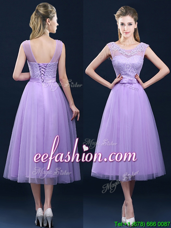 Perfect See Through Applique and Belt Bridesmaid Dress in Tulle