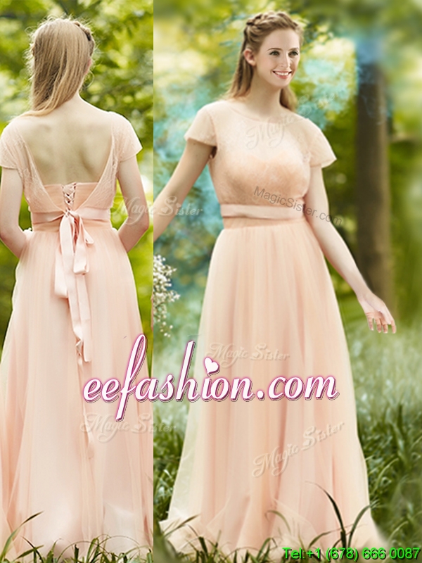 Perfect See Through Scoop Short Sleeves Bridesmaid Dress in Peach