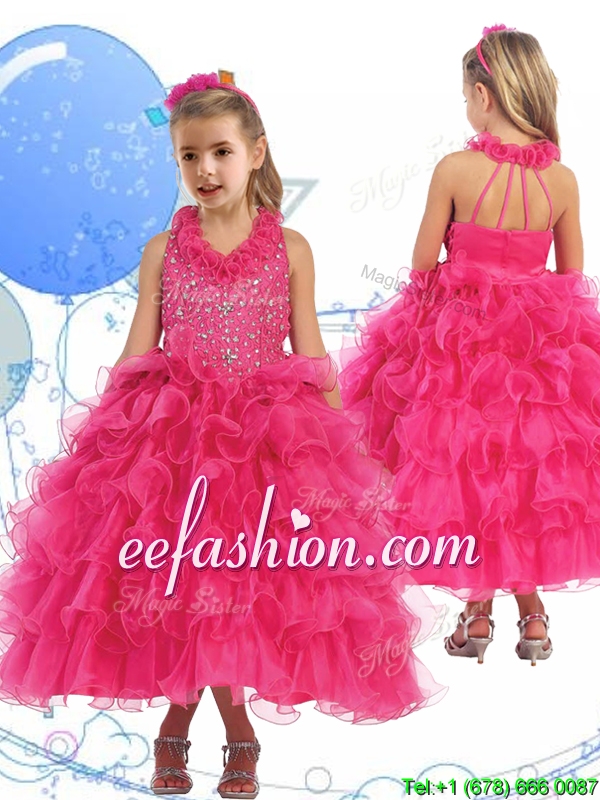Latest Halter Top Beading and Ruffled Layers Mini Quinceanera Dresses in Hot Pink