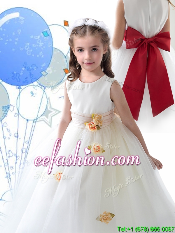 Luxurious Scoop White Mini Quinceanera Dresses with Sashes and Hand Made Flowers