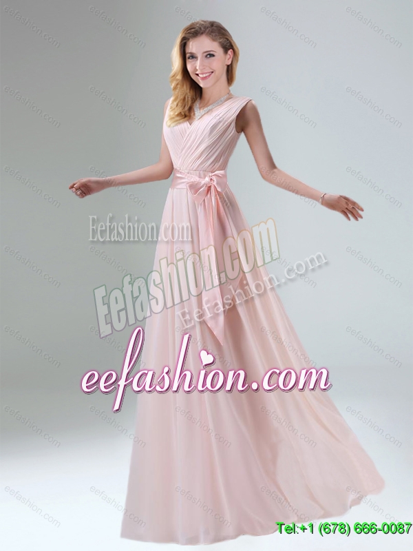 Fashionable Belt Ruching Chiffon Dama Dress with Bowknot