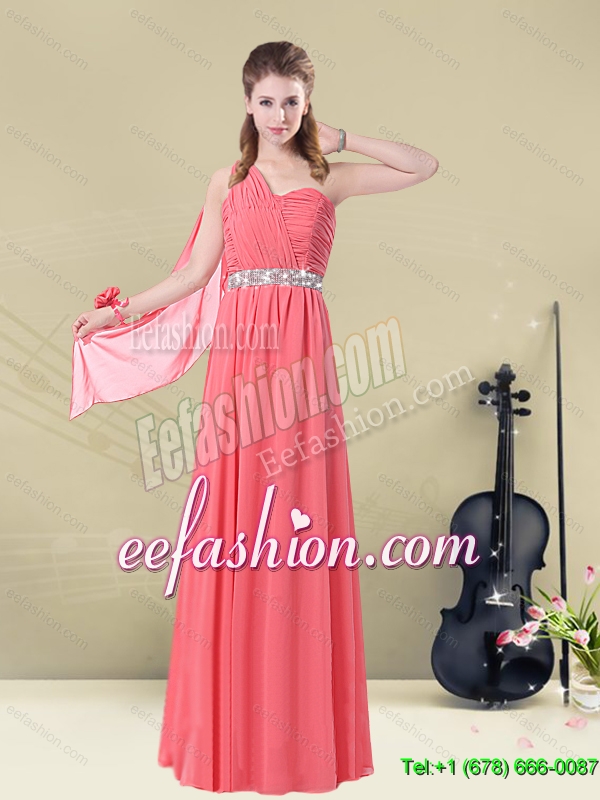Pretty One Shoulder Beaded Long Dama Dress with Ruches