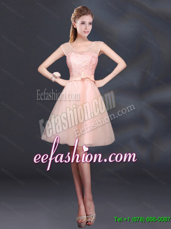 2015 Summer A Line Belt Luxurious Dama Dresses with Scoop