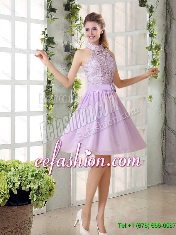 New Style High Neck Lilac A Line Lace Dama Dress Chiffon for 2015 Summer