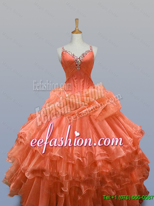 2015 Fall Elegant Straps Quinceanera Dresses with Beading and Ruffled Layers