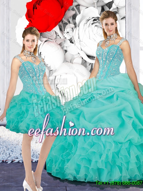 2016 Popular Straps Ball Gown Detachable Quinceanera Dresses in Turquoise