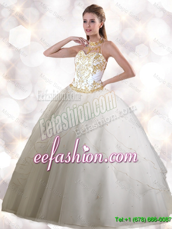 2016 Feminine Halter Top White Quinceanera Gowns with Appliques