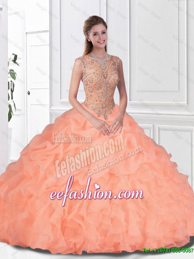 Perfect Beaded and Ruffles Watermelon 2016 Quinceanera Gowns with Bateau