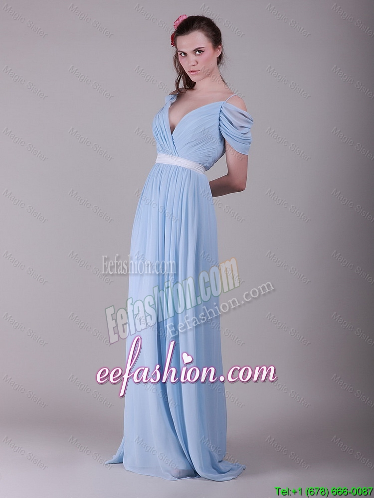 Exclusive Spaghetti Straps Light Blue Prom Dresses with Ruching and Belt