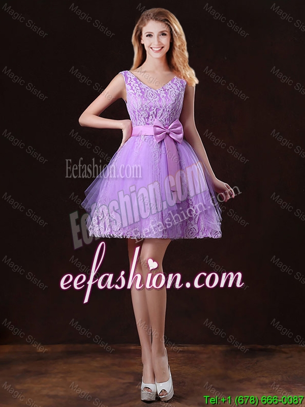 Discount Elegant V Neck Tulle Prom Dresses with Bowknot