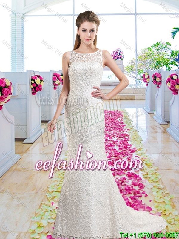 Luxurious Column Scoop Court Train Wedding Gowns with Lace