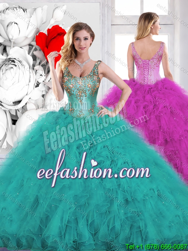 2016 Spring Gorgeous Beading Scoop Teal Sweet 16 Dresses with Ruffles