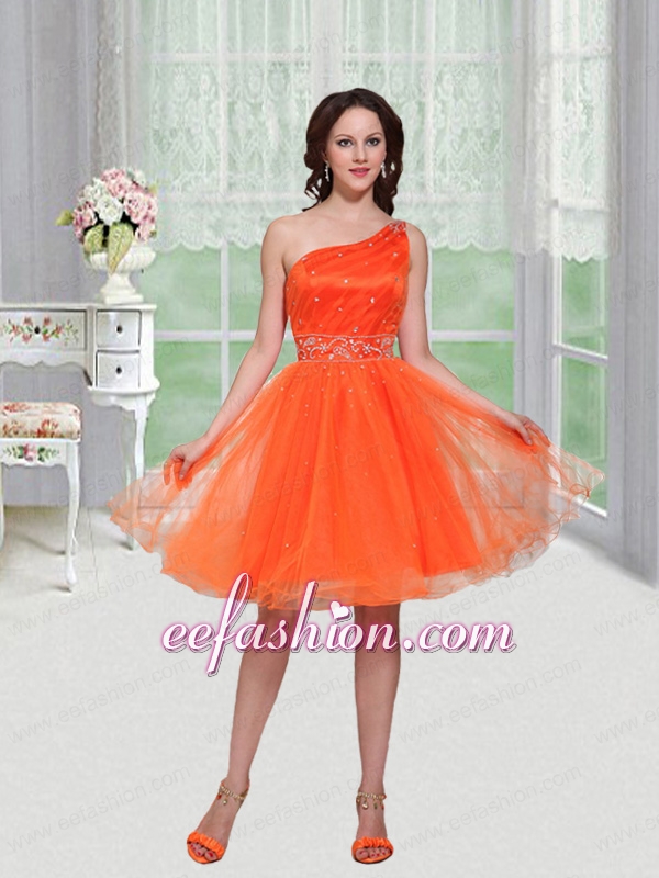 Gorgeous Orange One Shoulder Beading Organza Homecoming Dress
