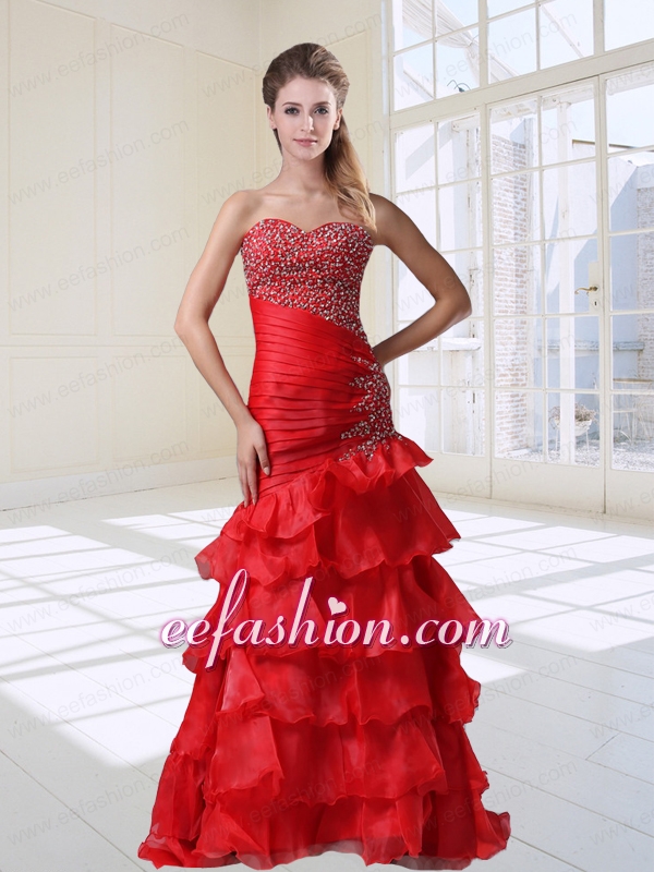 Mermaid Red Party Sexy Beaded Sweetheart Organza Floor-length Prom Dress with Ruffles