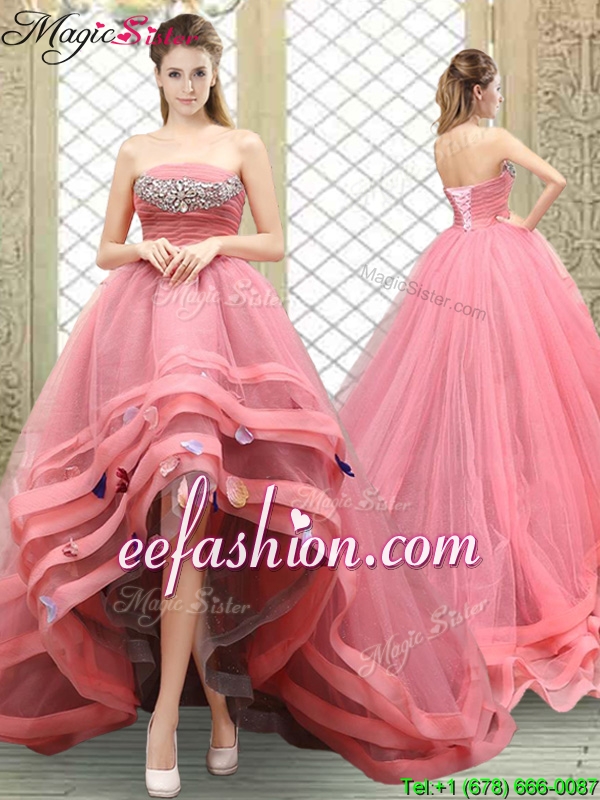 2016 Strapless High Low Beading Prom Dresses
