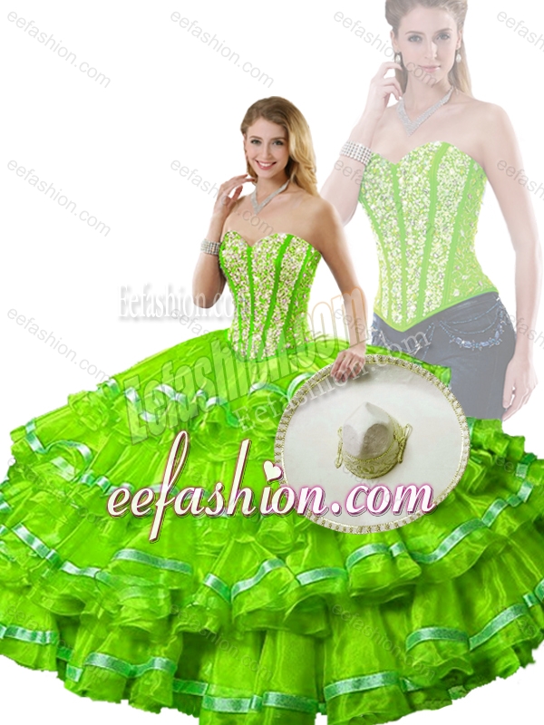 Fashionable Spring Green Detachable Sweet 16 Dresses with Beading and Ruffled Layers