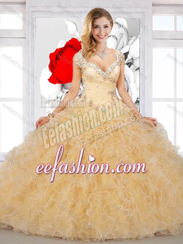 2016 Top Selling Puffy Straps Sweet 16 Champagne Dresses with Beading and Ruffles