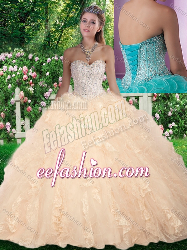 Latest Ball Gown Beading and Ruffles Champagne Sweet 16 Gowns for Fall