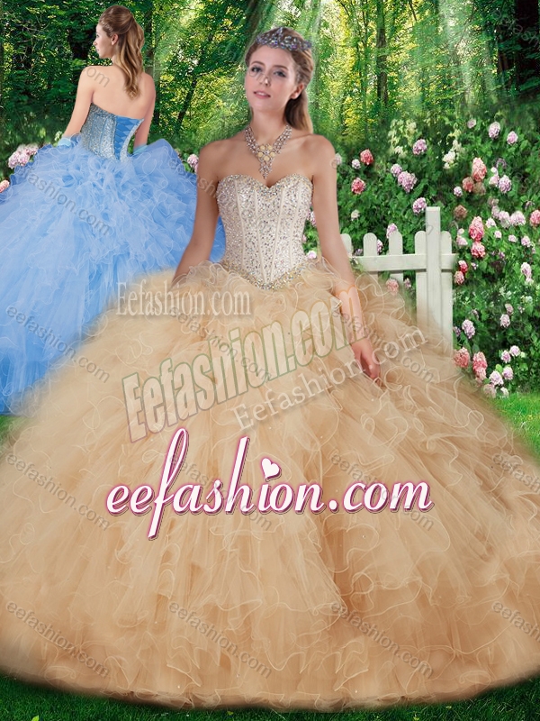 Most Popular Ball Gown Sweet 16 Champagne Dresses with Beading for 2016