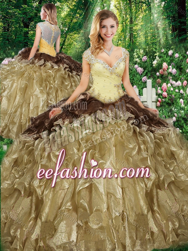 Wonderful Straps Sweet 16 Champagne Gowns with Beading and Ruffles