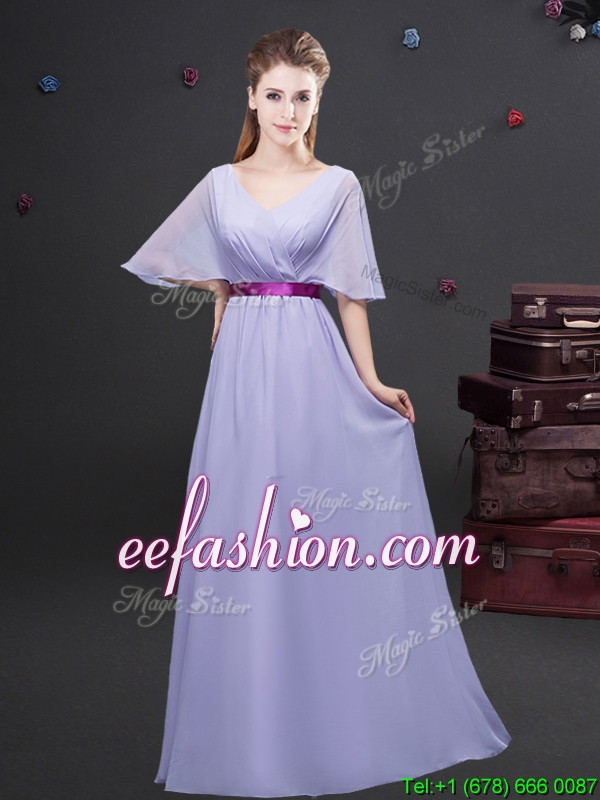 2017 Exclusive Belted and Ruched Lavender Dama Dress with Half Sleeves