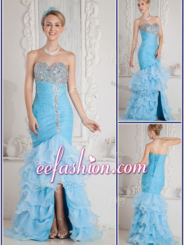 2016 Cheap Mermaid Sweetheart Beading and Ruffled Layers Aqua Blue Prom Dresses