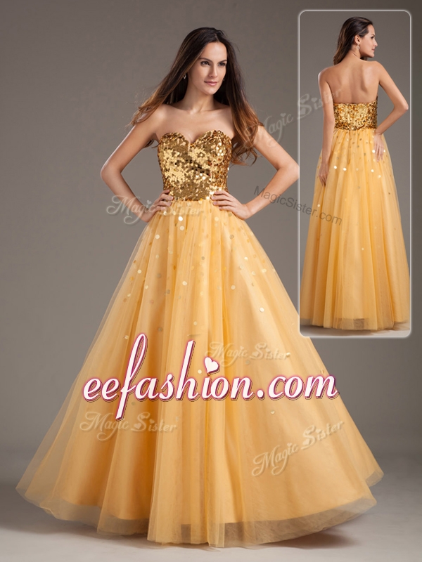 2016 Cheap Princess Sweetheart Sequins Long Prom Dresses in Gold