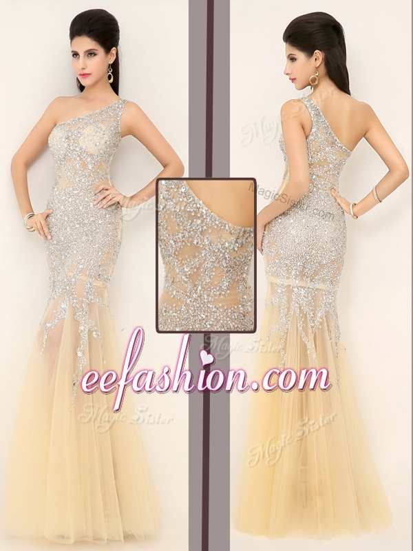 2016 Gorgeous Mermaid One Shoulder Beading Prom Dresses in Champagne