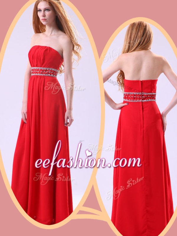 2016 Long Empire Strapless Red Prom Dresses with Beading
