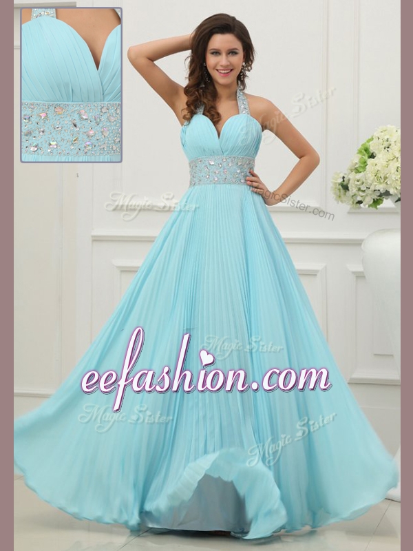 2016 Long Halter Top Prom Dress with Beading and Paillette