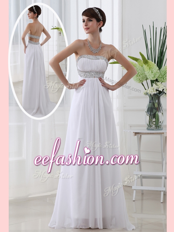 2016 Long Strapless Brush Train Beading Prom Dress in White