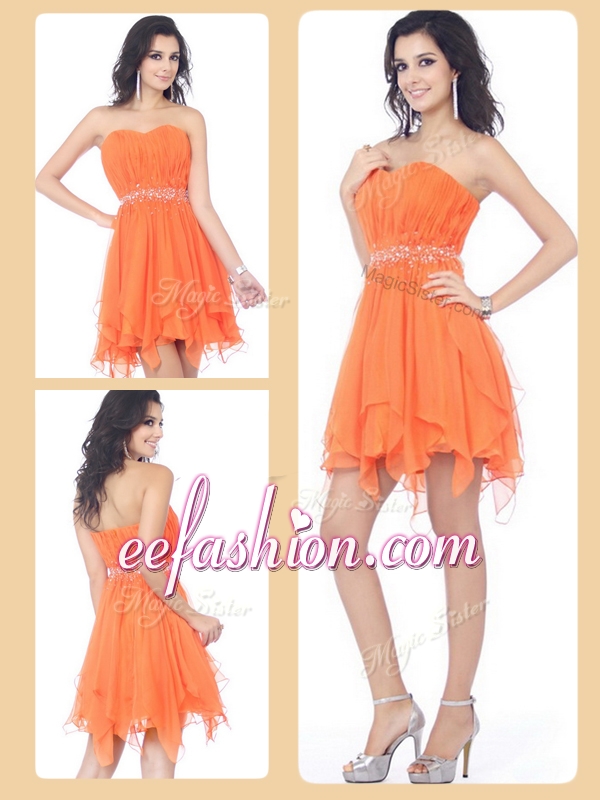 2016 Plus Size Sweetheart Beading and Ruching Short Prom Dresses in Orange