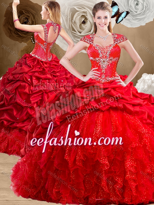 Fashionable Red Sweet 16 Dresses with Beading and Pick Ups