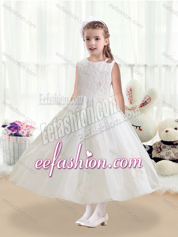 Cheap Scoop Tea Length White Cute Flower Girl Dresses with Appliques