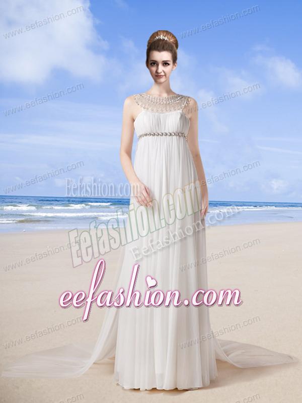 Beach Scoop Empire Brush Train Wedding Dress with Beading