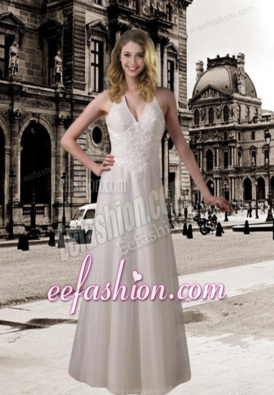 Column Halter Wedding Dress with Beading and Lace