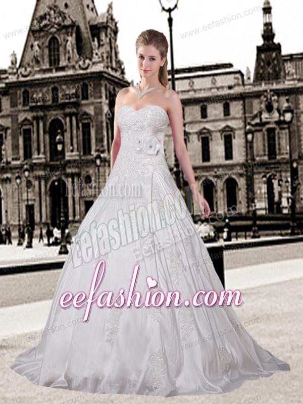 Elegant A Line Sweetheart Court Train Wedding Dresses with Appliques