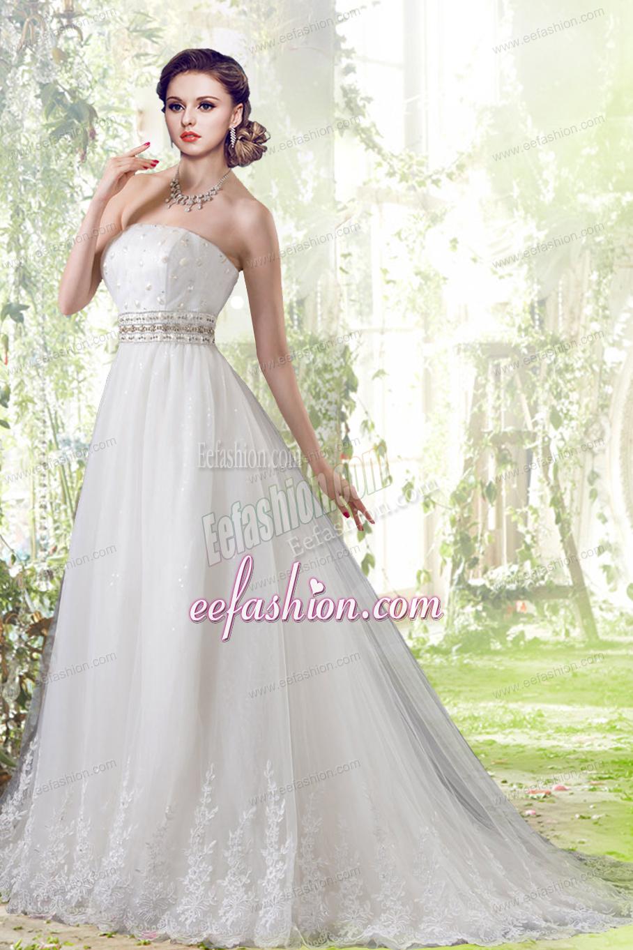 Elegant Lace Strapless Brush Train Wedding Dresses with Beading