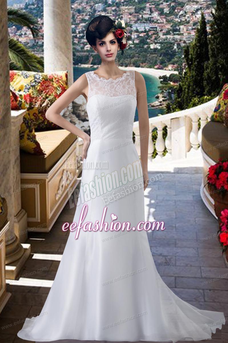 Lace Column Scoop Brush Train Wedding Dresses for 2015